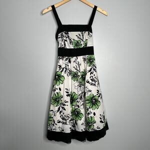 Ruby Rox Floral Fit Flare Dress Womens 3 White Green EUC Retro Tulle Hem Sash